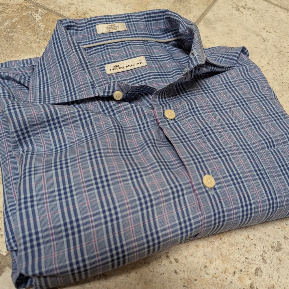 Peter Millar Mens Lightweight Plaid Cotton Long Sleeve Button Down Shirt Large